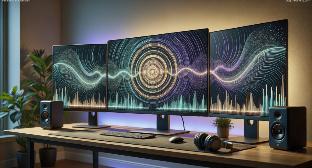 Solfeggio Frequency Hub live wallpaper displayed on a premium desktop workstation in a bright meditation-inspired office. Interactive frequency generator featuring 528 Hz healing frequency, meditation sounds, sleep music, focus enhancement, relaxation tones, sound therapy, wellness frequencies, cymatic patterns, and immersive 4K live wallpapers for PC. 13