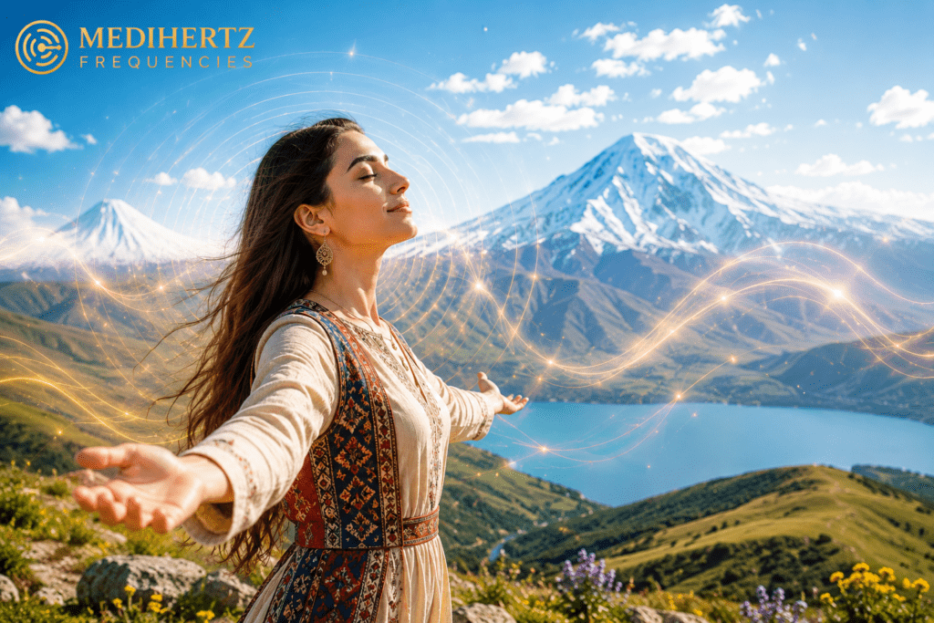 American mother using Noise Pollution Wellness Scan frequency tool while children study in an energized room environment with calming sound frequencies, focus-enhancing atmosphere, and wellness technology by Medihertz Frequencies.