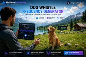 Dog Whistle Frequency Generator tool with adjustable 5 kHz to 35 kHz frequencies, German Shepherd dog, dog training whistle, stop barking frequency finder, dog hearing test, and online dog training assistant by Medihertz Frequencies.