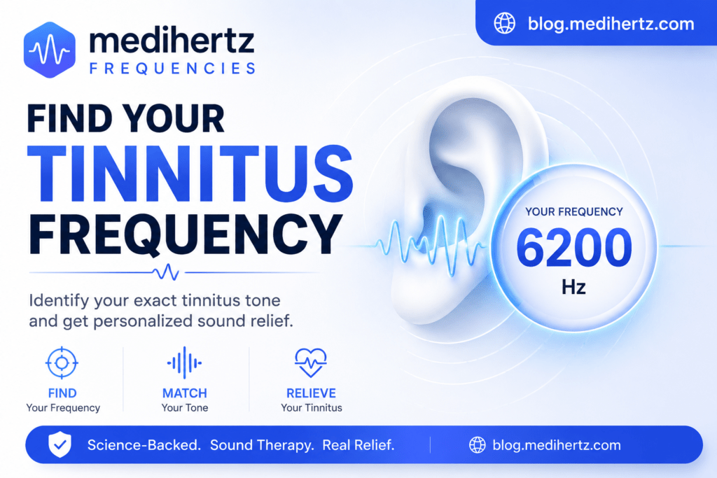 Find Your Tinnitus Frequency tool by Medihertz Frequencies showing a tinnitus frequency finder that helps users identify their ear ringing frequency and discover personalized sound relief.
