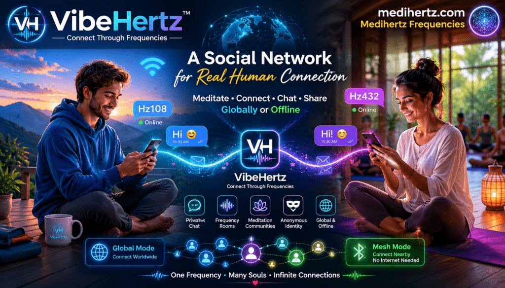 Two people meditating on the same frequency and exchanging messages through VibeHertz, a frequency-based social network by Medihertz Frequencies. One meditates in a luxury home while the other meditates in a yoga center, connected through a shared 432 Hz room.