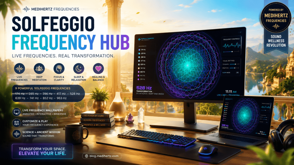 olfeggio Frequency Hub live wallpaper displayed on a premium desktop workstation in a bright meditation-inspired office. Interactive frequency generator featuring 528 Hz healing frequency, meditation sounds, sleep music, focus enhancement, relaxation tones, sound therapy, wellness frequencies, cymatic patterns, and immersive 4K live wallpapers for PC.