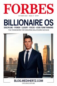 Billionaire mindset morning routine with luxury office, daily planner, business dashboard, and executive workspace overlooking the city skyline.