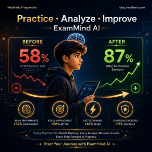 ExamMind AI by Medihertz Frequencies offering free AI mock tests, UPCAT mock test, SAT practice test, IELTS practice test, TOEFL mock test, JEE Main practice test, NEET mock test, UPSC, SSC, CAT, GRE, GMAT, UCAT, JLPT, TOPIK, GATE and competitive exam preparation with AI brain performance analysis, focus score, memory analysis, personalized study recommendations and brain frequency tools for students.