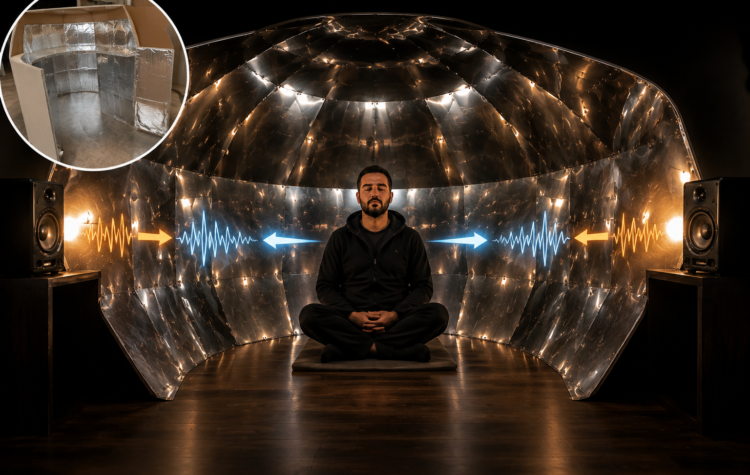 DIY Kozyrev mirror experiment setup using market-bought curved mirrors, positioned around a seated person with two openings for sound frequency testing