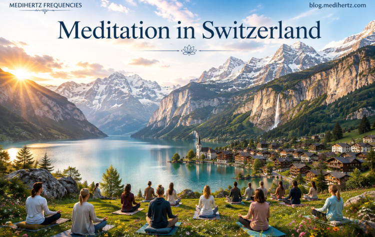 People meditating peacefully in a beautiful Swiss mountain landscape surrounded by the Alps