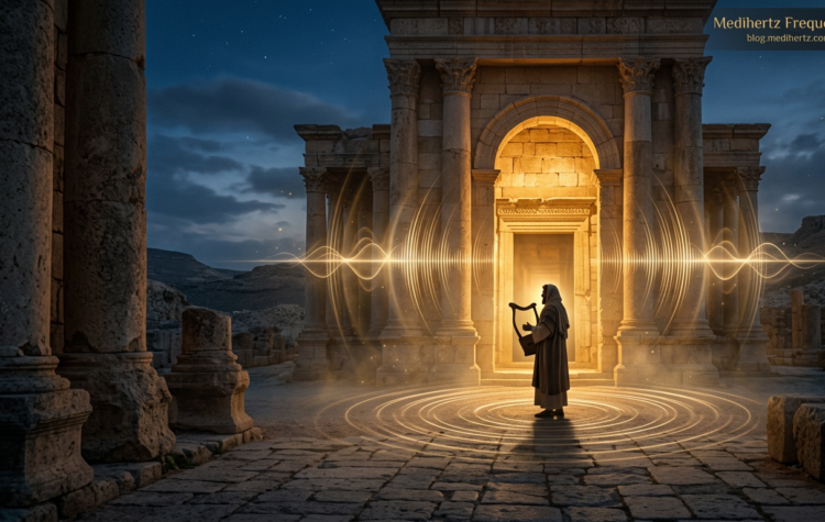 Ancient temple illuminated by golden light representing biblical sound, sacred music, and the mystery of God's voice