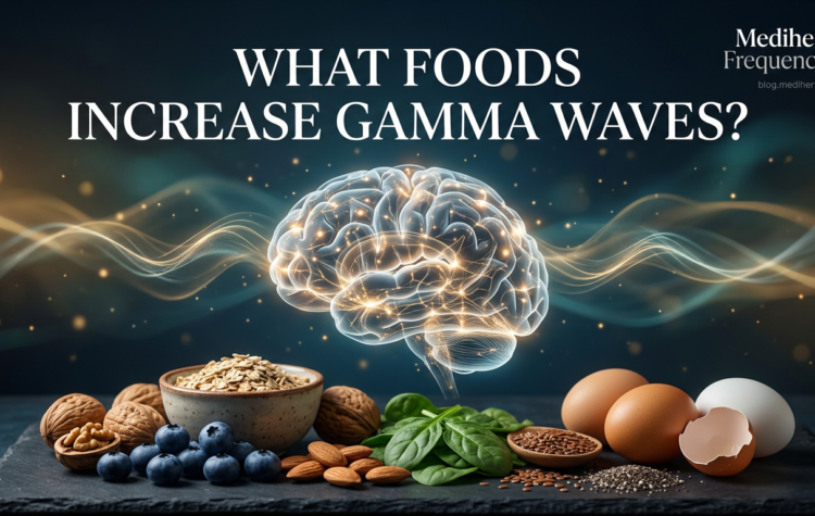 Healthy brain foods including blueberries, walnuts, almonds, spinach and eggs arranged around a glowing brain illustration for an article about gamma waves.